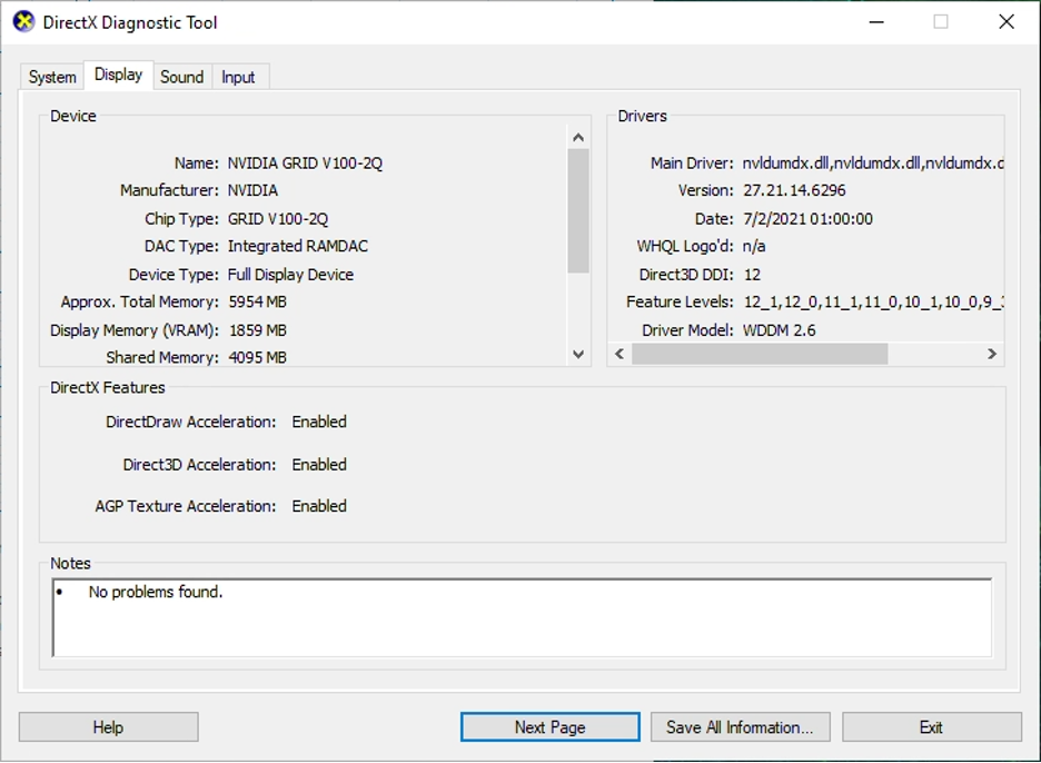 Image 2: Microsoft DirectX Diagnostic Tool in Display view showing an NVIDIA GRID V100-2Q vGPU.