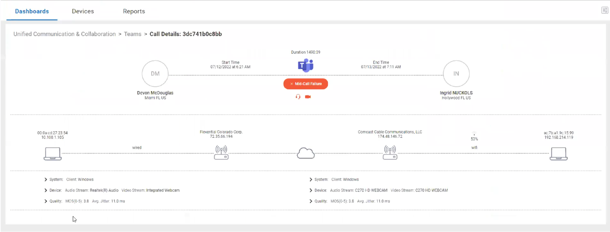 By selecting the specific failed call in the screenshot below, we can see that the caller had a wired connection and that the callee had a Wi-Fi connection with a 53 percent signal strength. We can also see that this call had a mid-call failure.