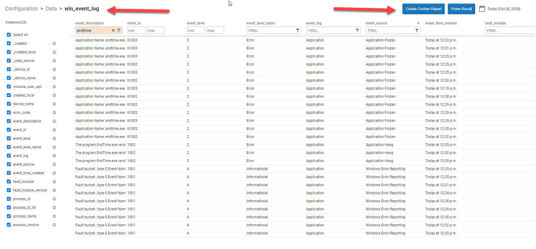 Create a custom report in the win_event_log table to track app freezes, hangs and crashes