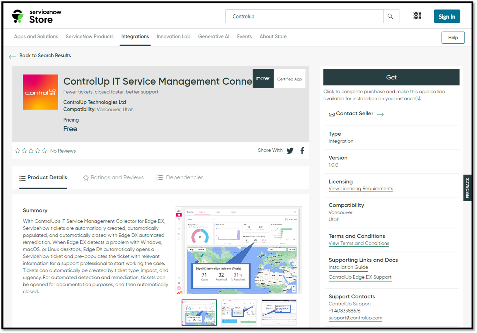 Screenshot of ControlUp ITSM Connector in ServiceNow Store