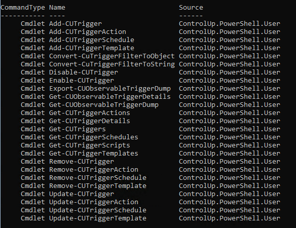 A screenshot showing a list of the new Powershell cmdlets for Triggers