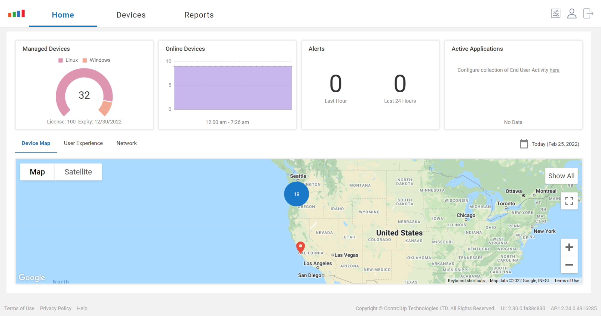 Clicking on the device tab, one of the widgets, or on a location on the map will display devices managed by Edge DX.